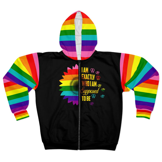 Pride Rainbow Zip Hoodie - 'I Am Exactly Who I Am Supposed to Be'