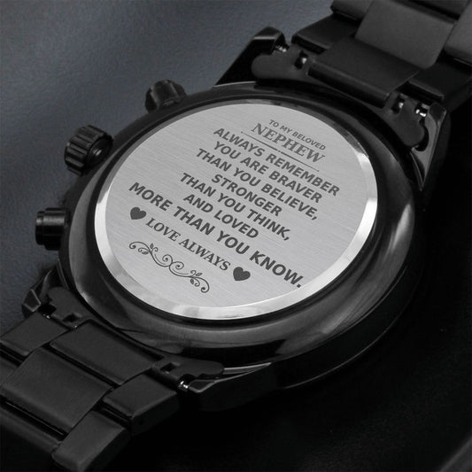 To My Beloved Nephew | Love Always | Engraved Design Black Chronograph Watch