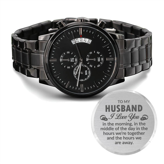 To My Husband Engraved Black Chronograph Watch