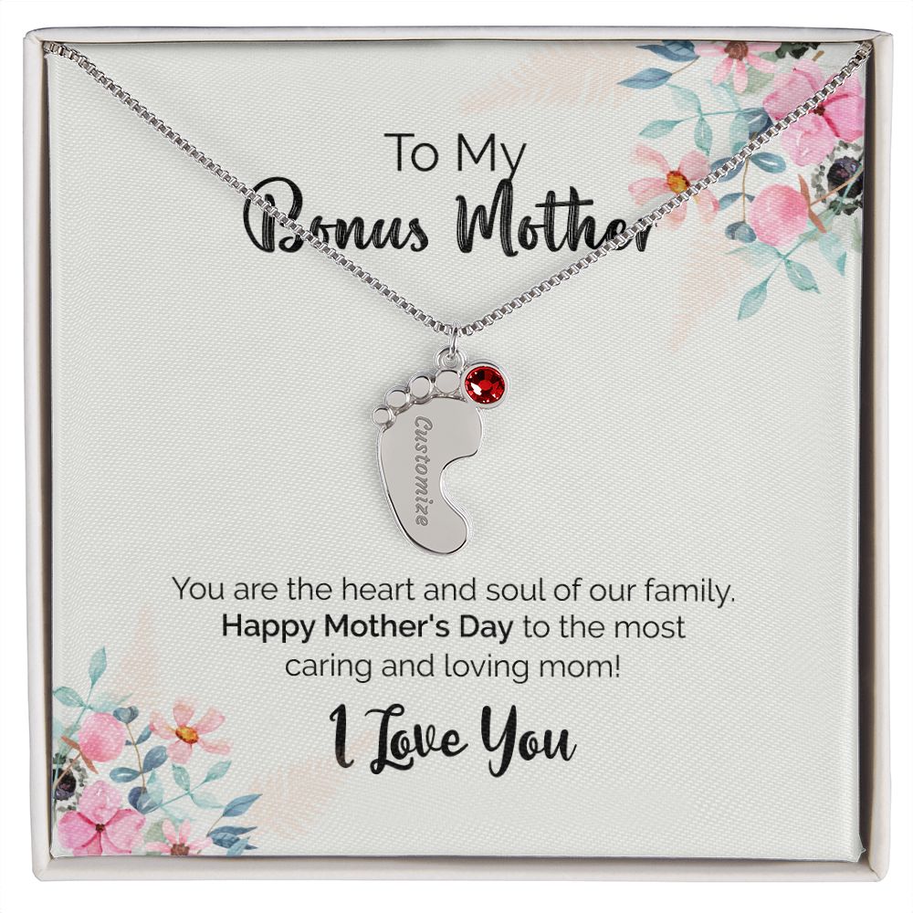 To My Bonus Mother | I Love You | Custom Baby Feet Necklace with Birthstone