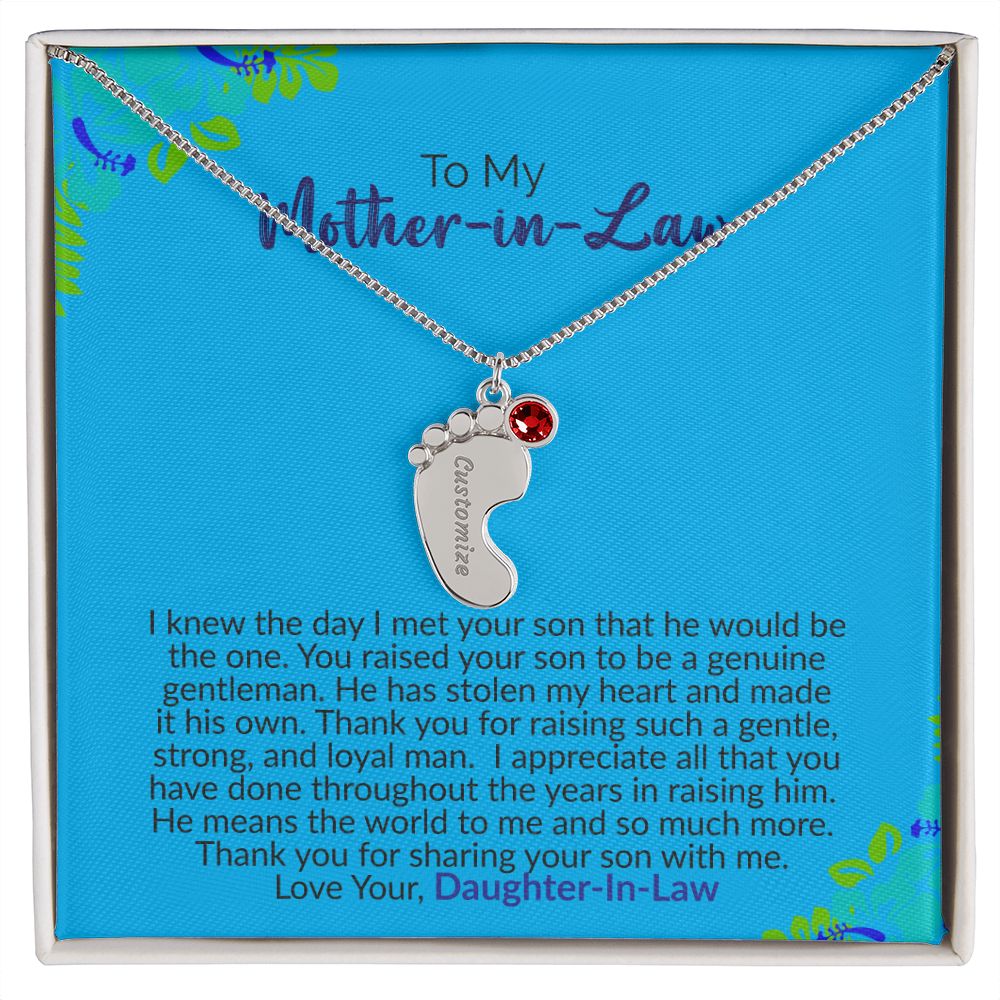 To My Mother-In-Law | Love Your Daughter-In-Law | Custom Baby Feet Necklace with Birthstone