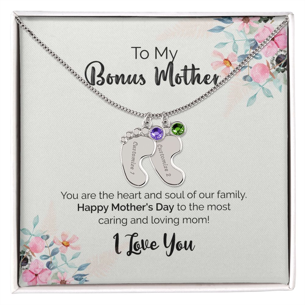 To My Bonus Mother | I Love You | Custom Baby Feet Necklace with Birthstone