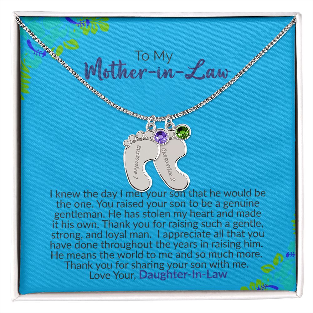To My Mother-In-Law | Love Your Daughter-In-Law | Custom Baby Feet Necklace with Birthstone