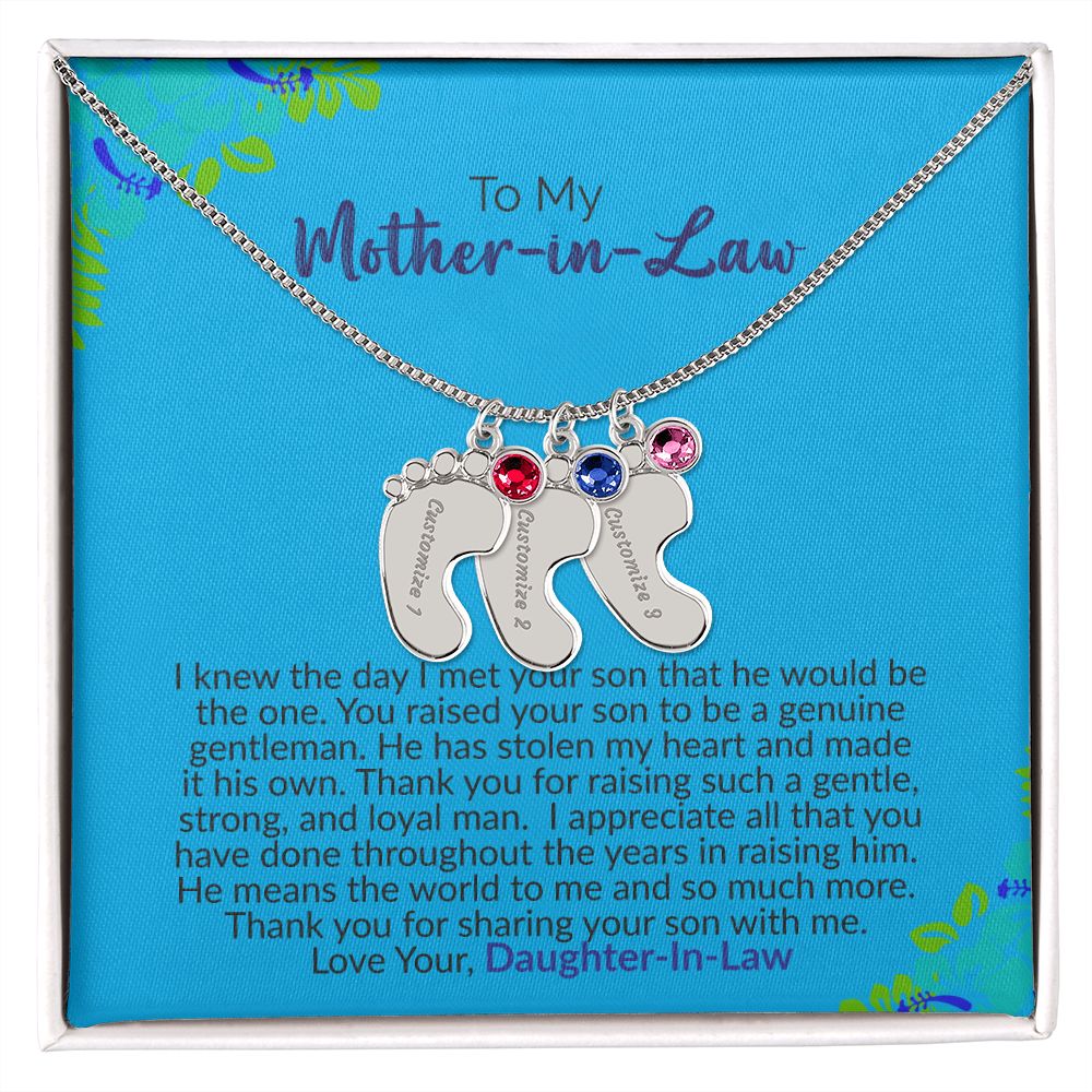 To My Mother-In-Law | Love Your Daughter-In-Law | Custom Baby Feet Necklace with Birthstone