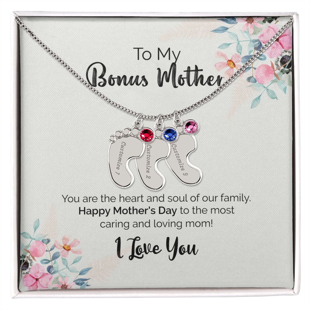 To My Bonus Mother | I Love You | Custom Baby Feet Necklace with Birthstone