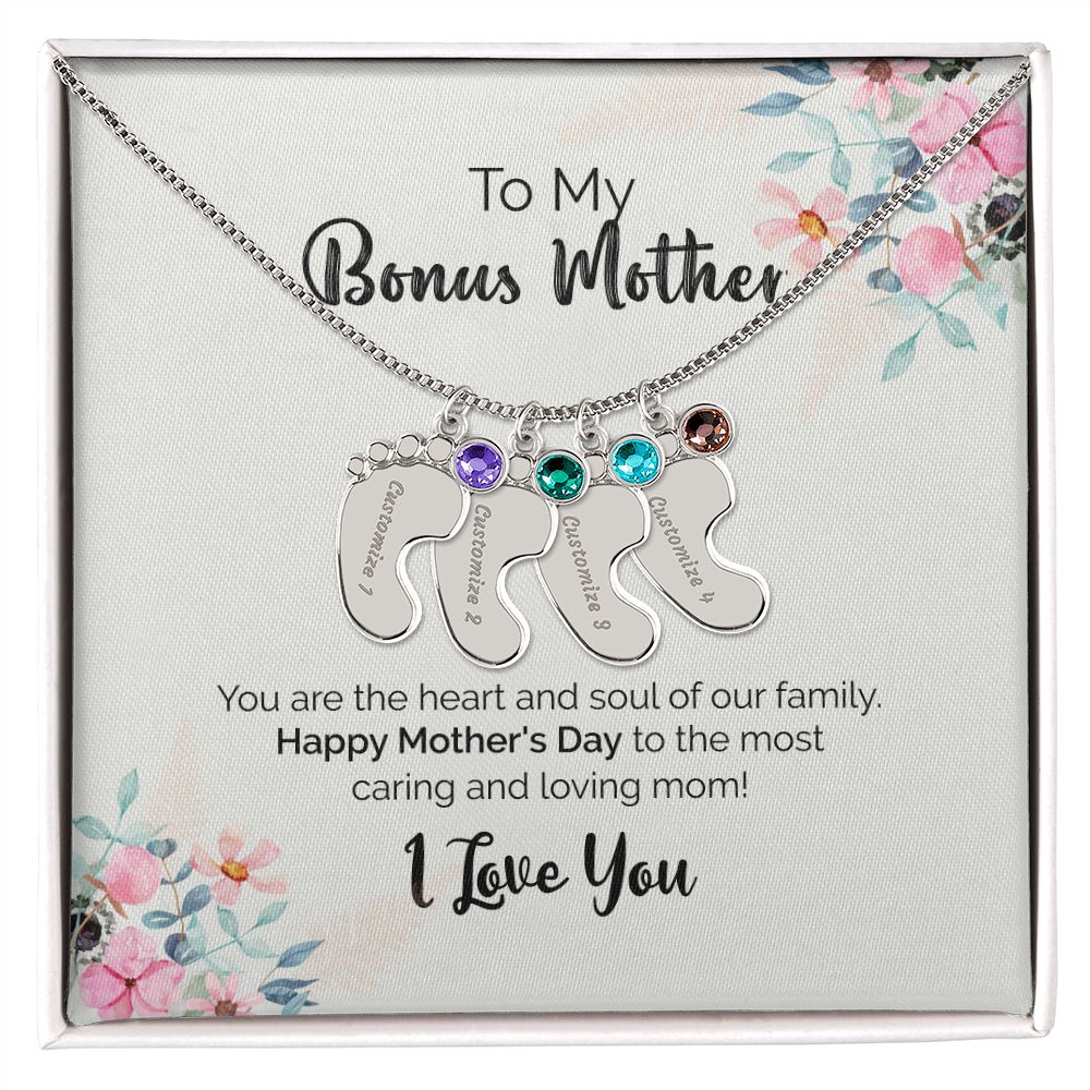 To My Bonus Mother | I Love You | Custom Baby Feet Necklace with Birthstone