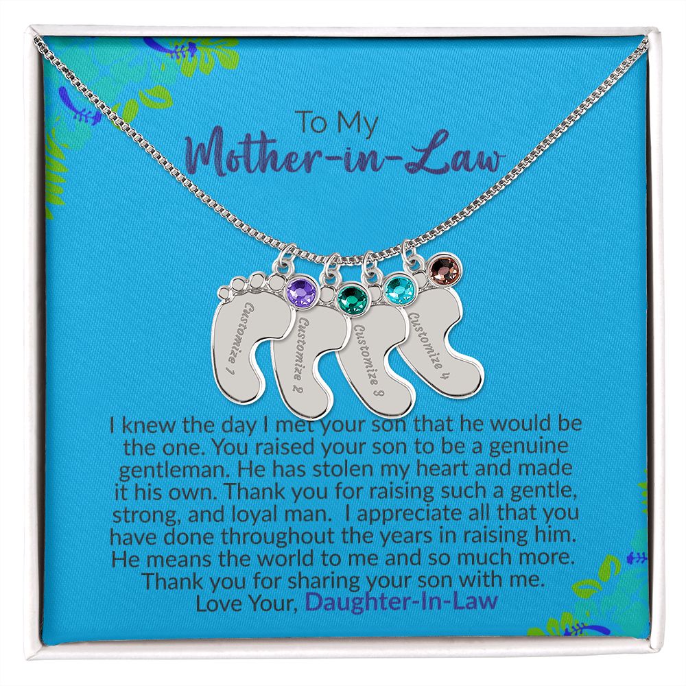 To My Mother-In-Law | Love Your Daughter-In-Law | Custom Baby Feet Necklace with Birthstone