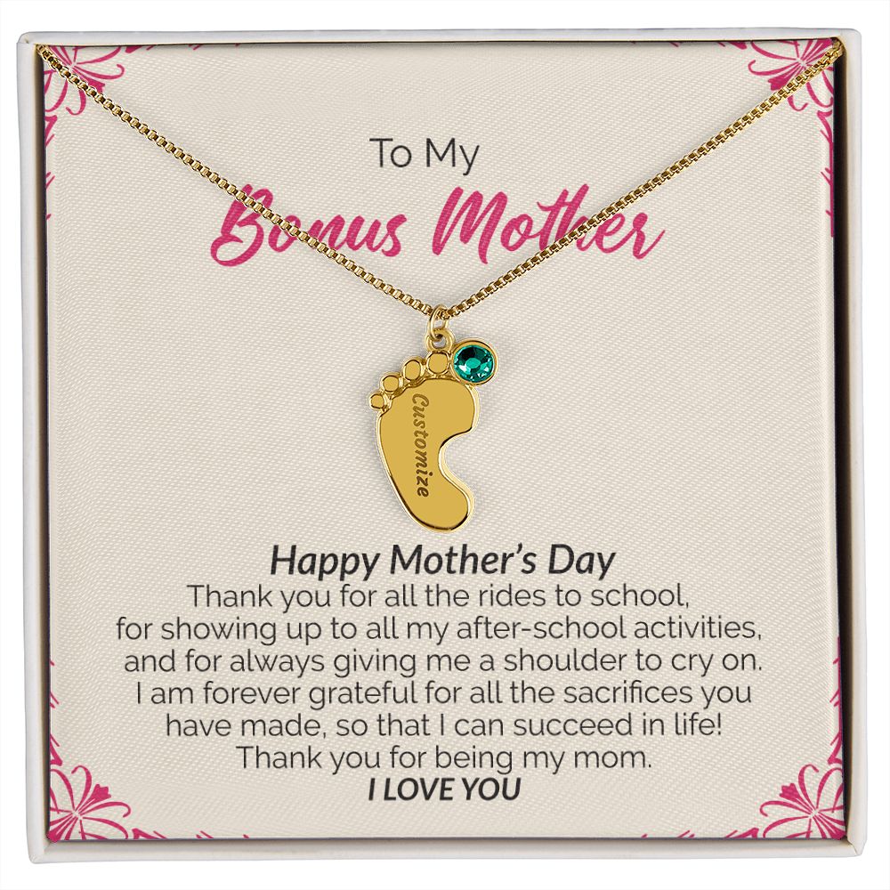 To My Bonus Mother | Happy Mother's Day I Love You | Custom Baby Feet Necklace with Birthstone