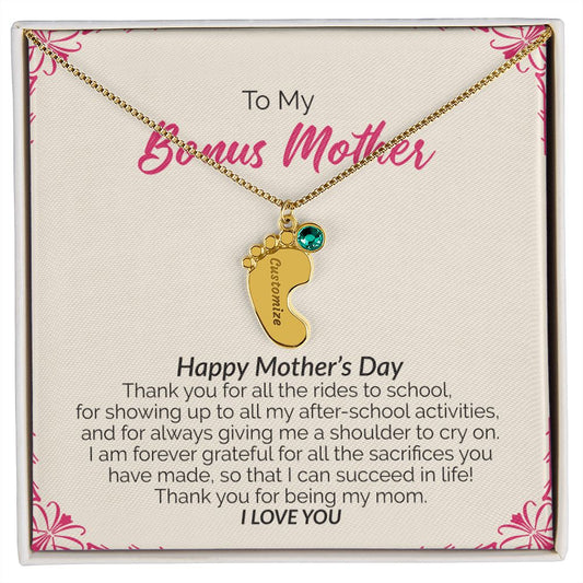 To My Bonus Mother | Happy Mother's Day I Love You | Custom Baby Feet Necklace with Birthstone