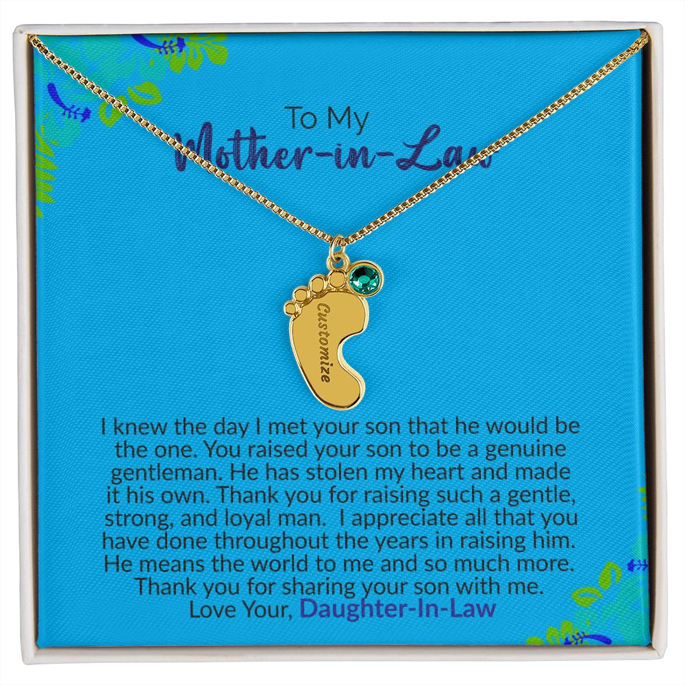 To My Mother-In-Law | Love Your Daughter-In-Law | Custom Baby Feet Necklace with Birthstone