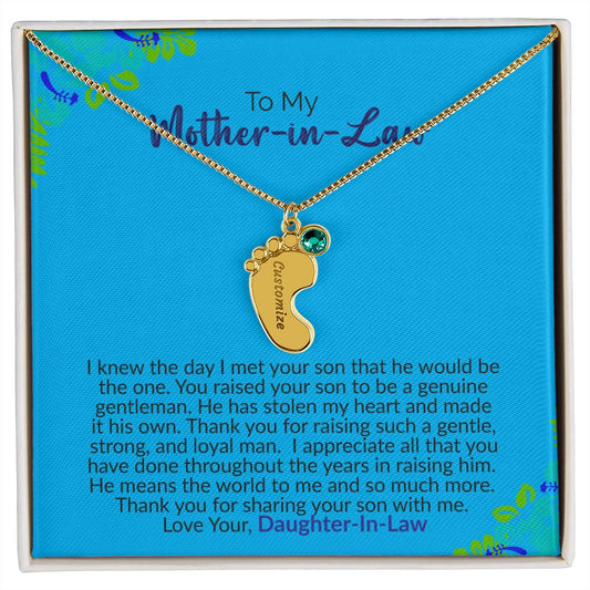 To My Mother-In-Law | Love Your Daughter-In-Law | Custom Baby Feet Necklace with Birthstone