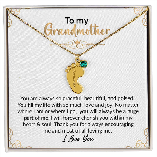 To My Grandmother | I Love You | Custom Baby Feet Necklace with Birthstone