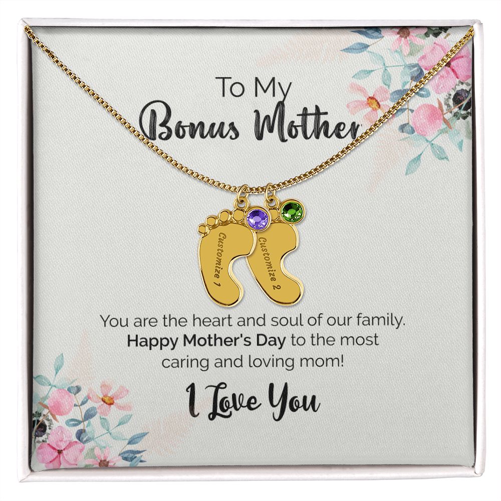 To My Bonus Mother | I Love You | Custom Baby Feet Necklace with Birthstone