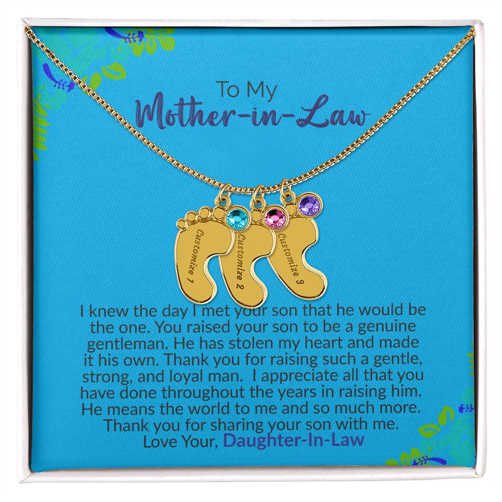To My Mother-In-Law | Love Your Daughter-In-Law | Custom Baby Feet Necklace with Birthstone