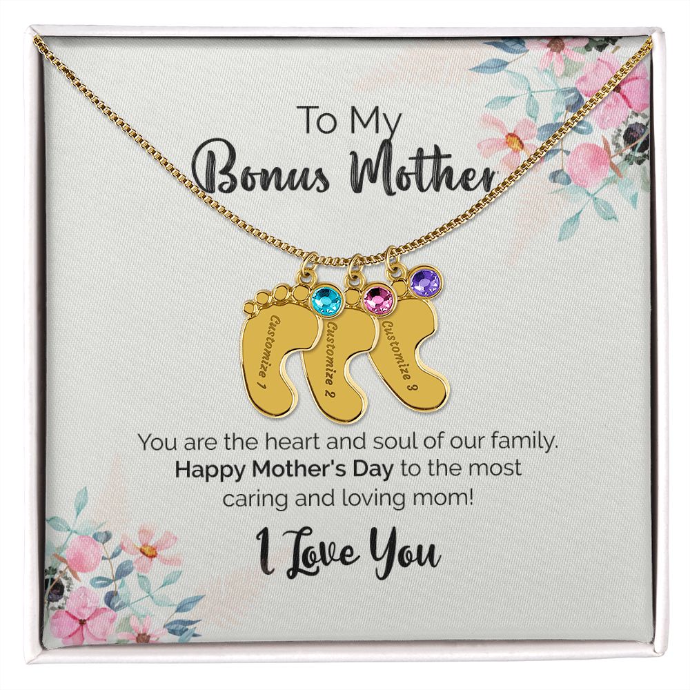 To My Bonus Mother | I Love You | Custom Baby Feet Necklace with Birthstone