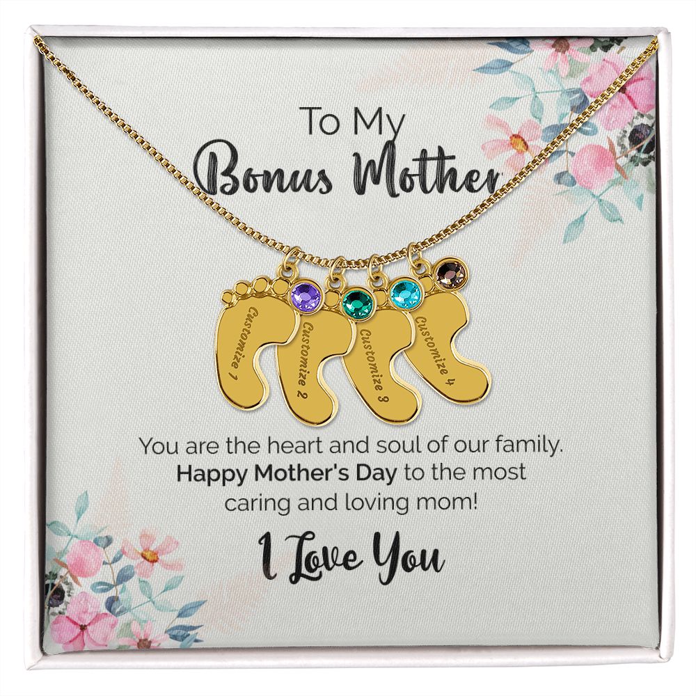 To My Bonus Mother | I Love You | Custom Baby Feet Necklace with Birthstone