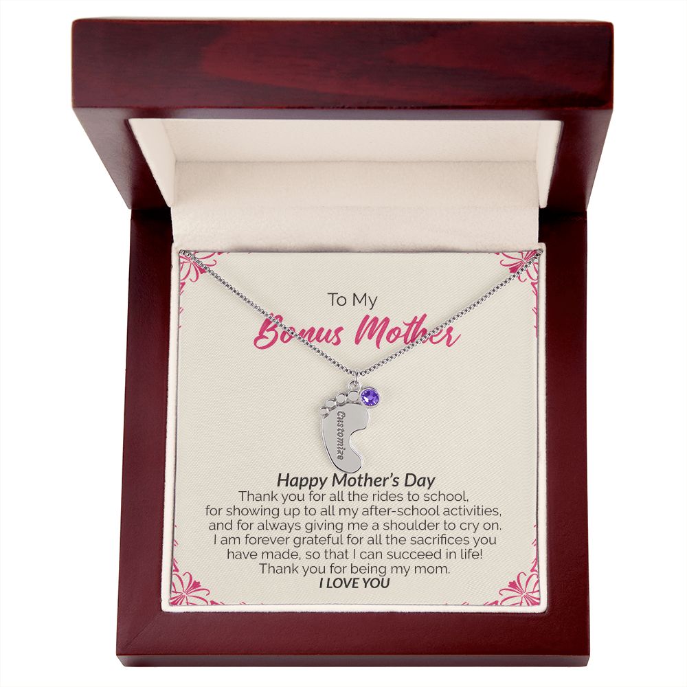 To My Bonus Mother | Happy Mother's Day I Love You | Custom Baby Feet Necklace with Birthstone