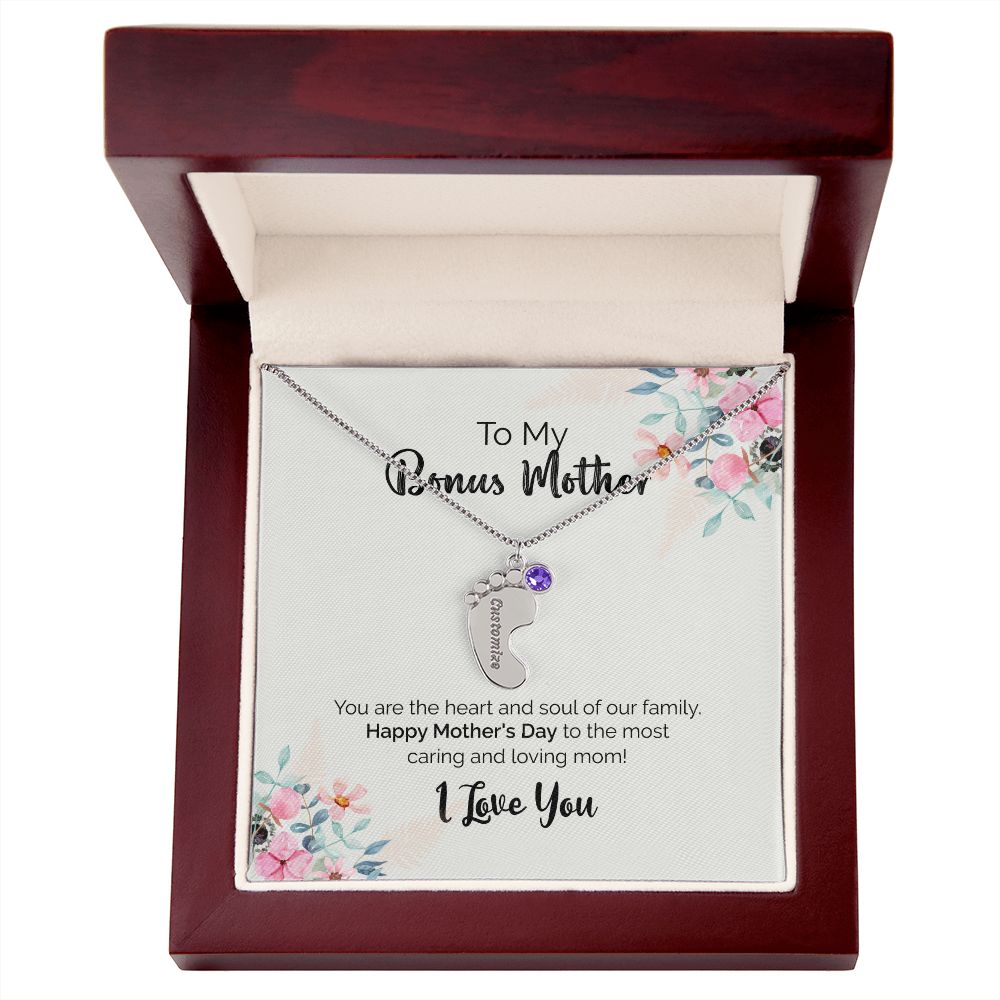 To My Bonus Mother | I Love You | Custom Baby Feet Necklace with Birthstone