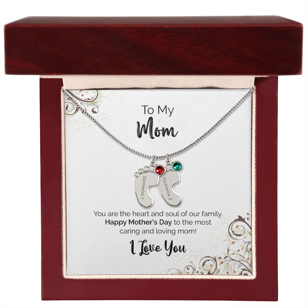 To My Mom | Happy Mother's Day I Love You | Custom Baby Feet Necklace with Birthstone