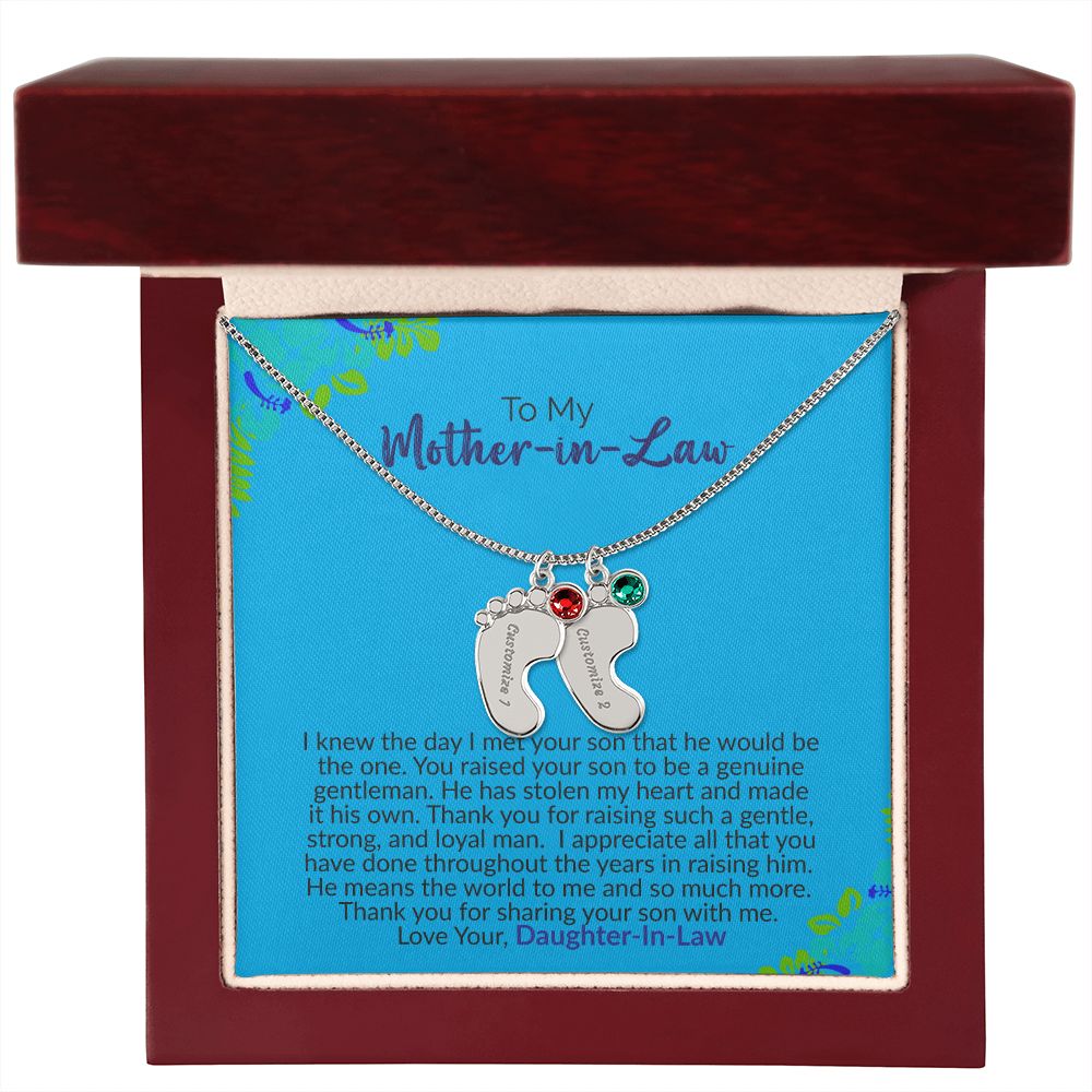 To My Mother-In-Law | Love Your Daughter-In-Law | Custom Baby Feet Necklace with Birthstone