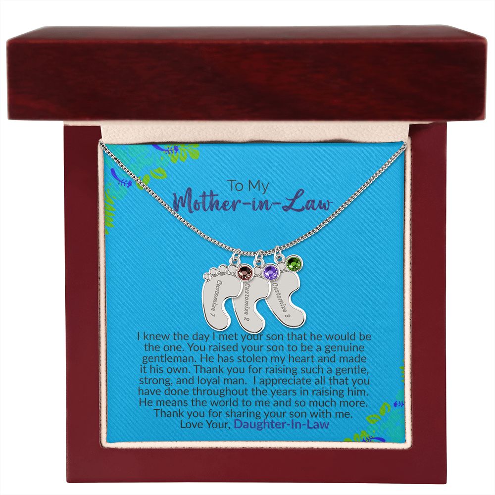 To My Mother-In-Law | Love Your Daughter-In-Law | Custom Baby Feet Necklace with Birthstone