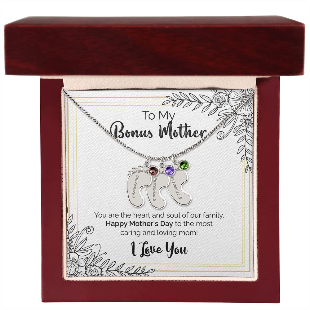 To My Bonus Mother | Happy Mother's Day | Custom Baby Feet Necklace with Birthstone