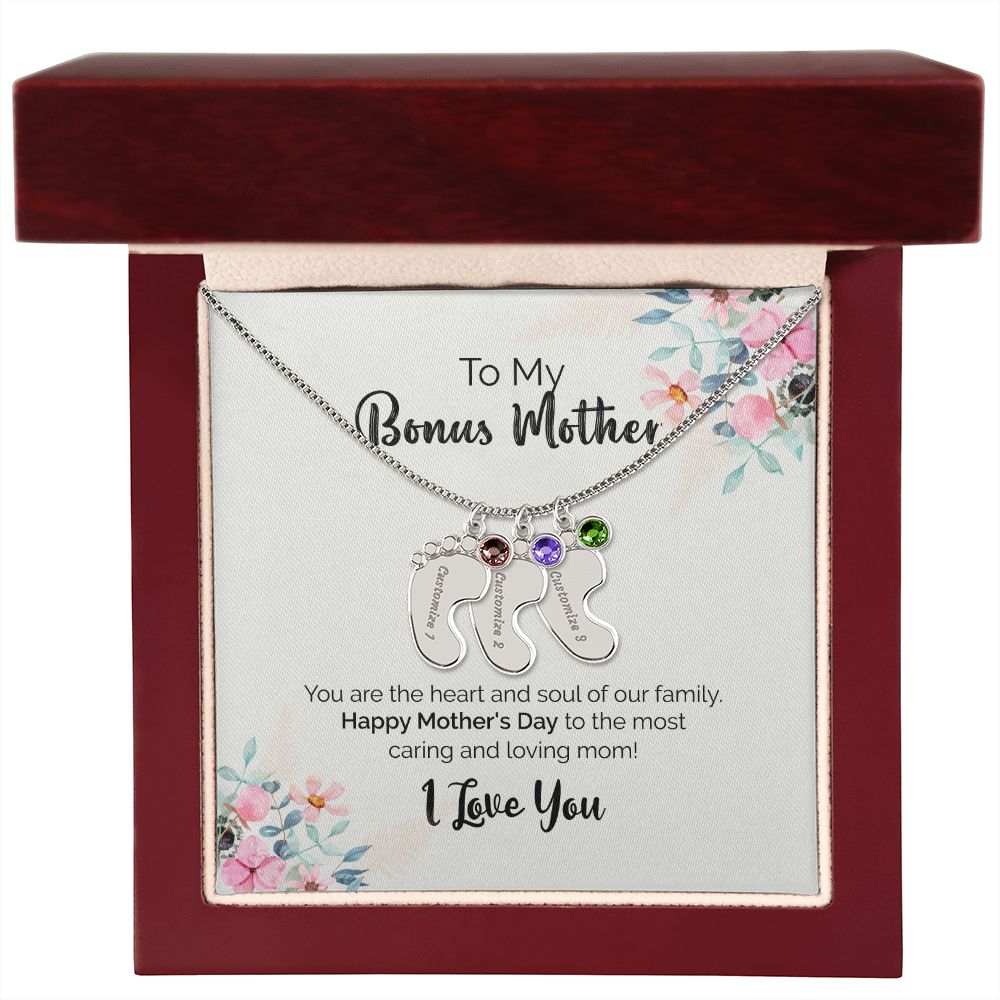 To My Bonus Mother | I Love You | Custom Baby Feet Necklace with Birthstone