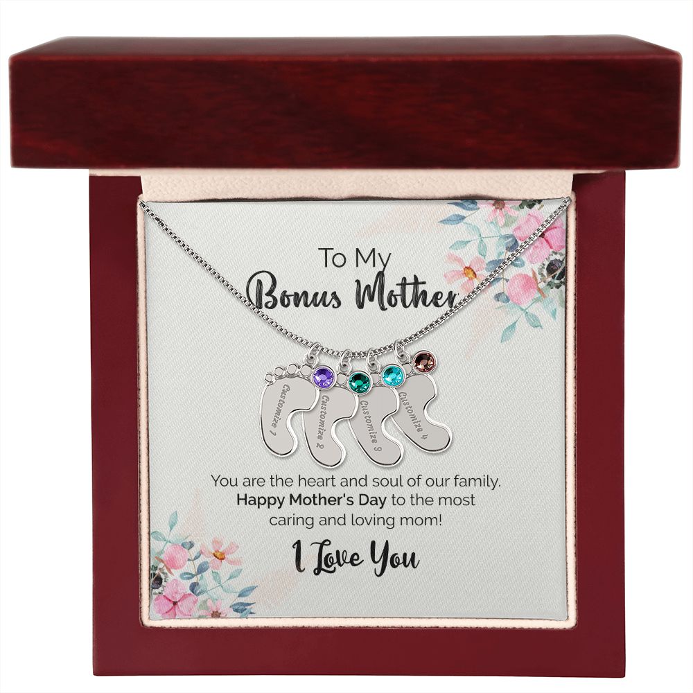 To My Bonus Mother | I Love You | Custom Baby Feet Necklace with Birthstone