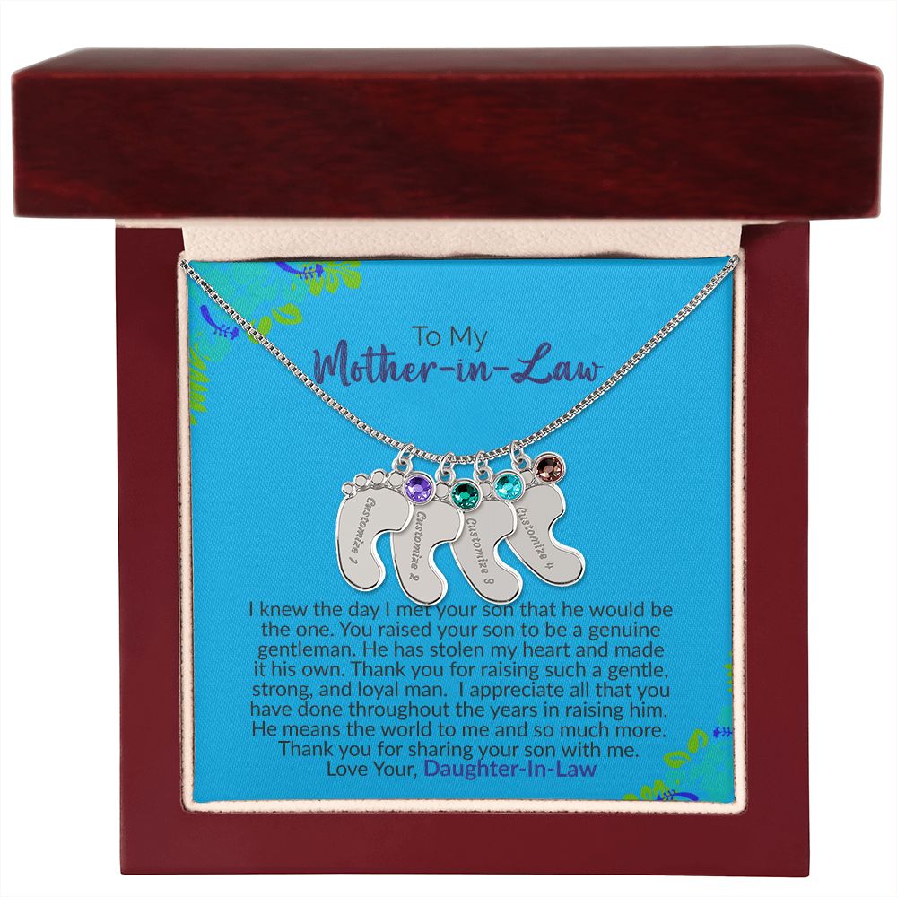 To My Mother-In-Law | Love Your Daughter-In-Law | Custom Baby Feet Necklace with Birthstone