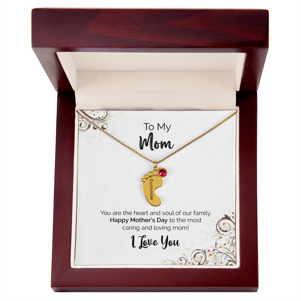 To My Mom | Happy Mother's Day I Love You | Custom Baby Feet Necklace with Birthstone