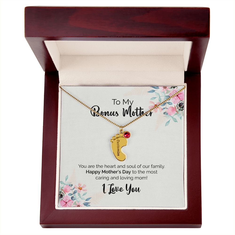 To My Bonus Mother | I Love You | Custom Baby Feet Necklace with Birthstone