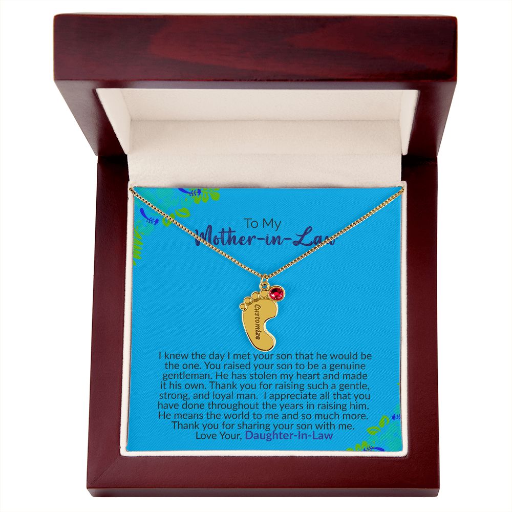 To My Mother-In-Law | Love Your Daughter-In-Law | Custom Baby Feet Necklace with Birthstone