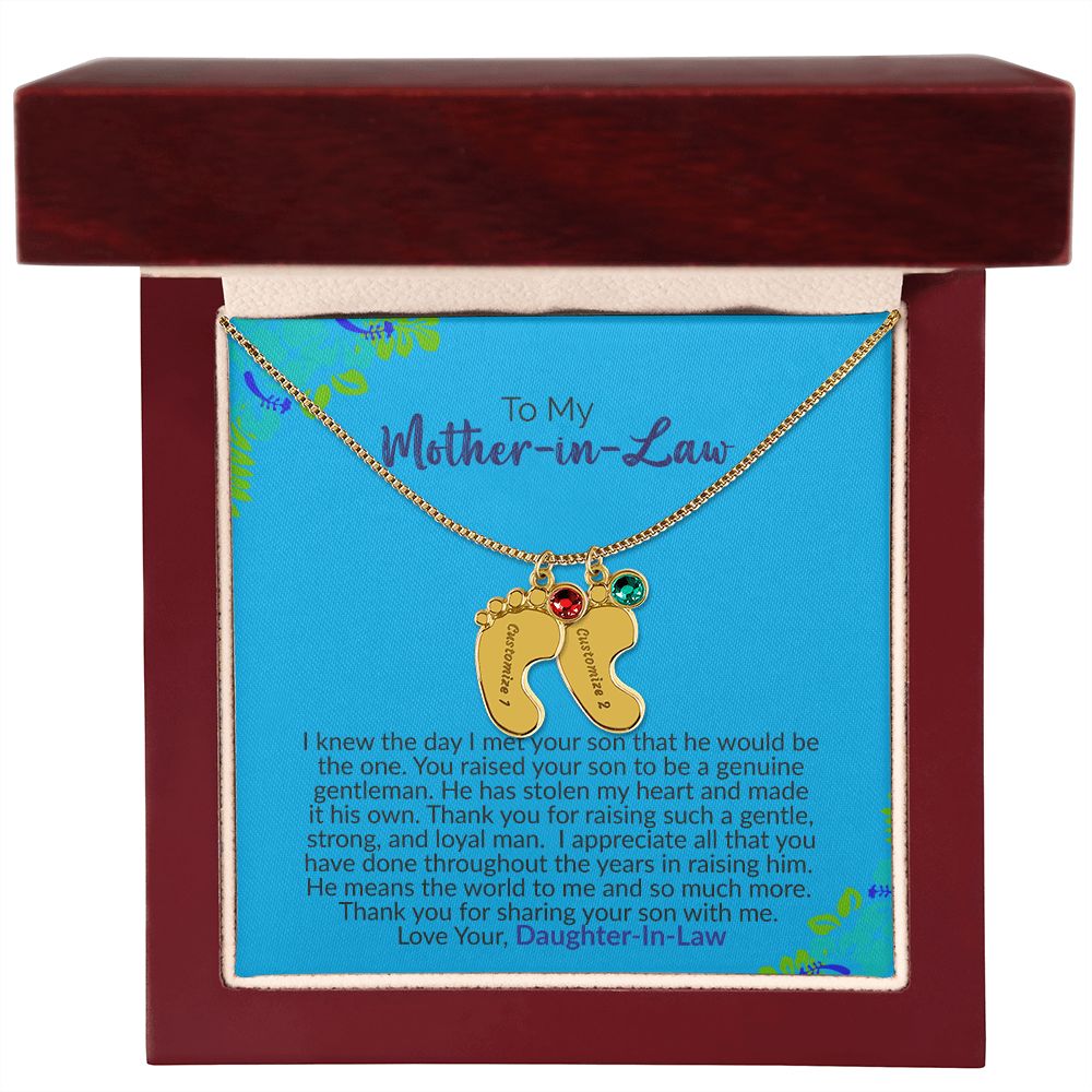 To My Mother-In-Law | Love Your Daughter-In-Law | Custom Baby Feet Necklace with Birthstone