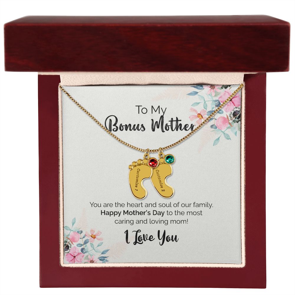 To My Bonus Mother | I Love You | Custom Baby Feet Necklace with Birthstone