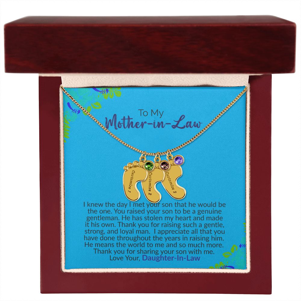 To My Mother-In-Law | Love Your Daughter-In-Law | Custom Baby Feet Necklace with Birthstone