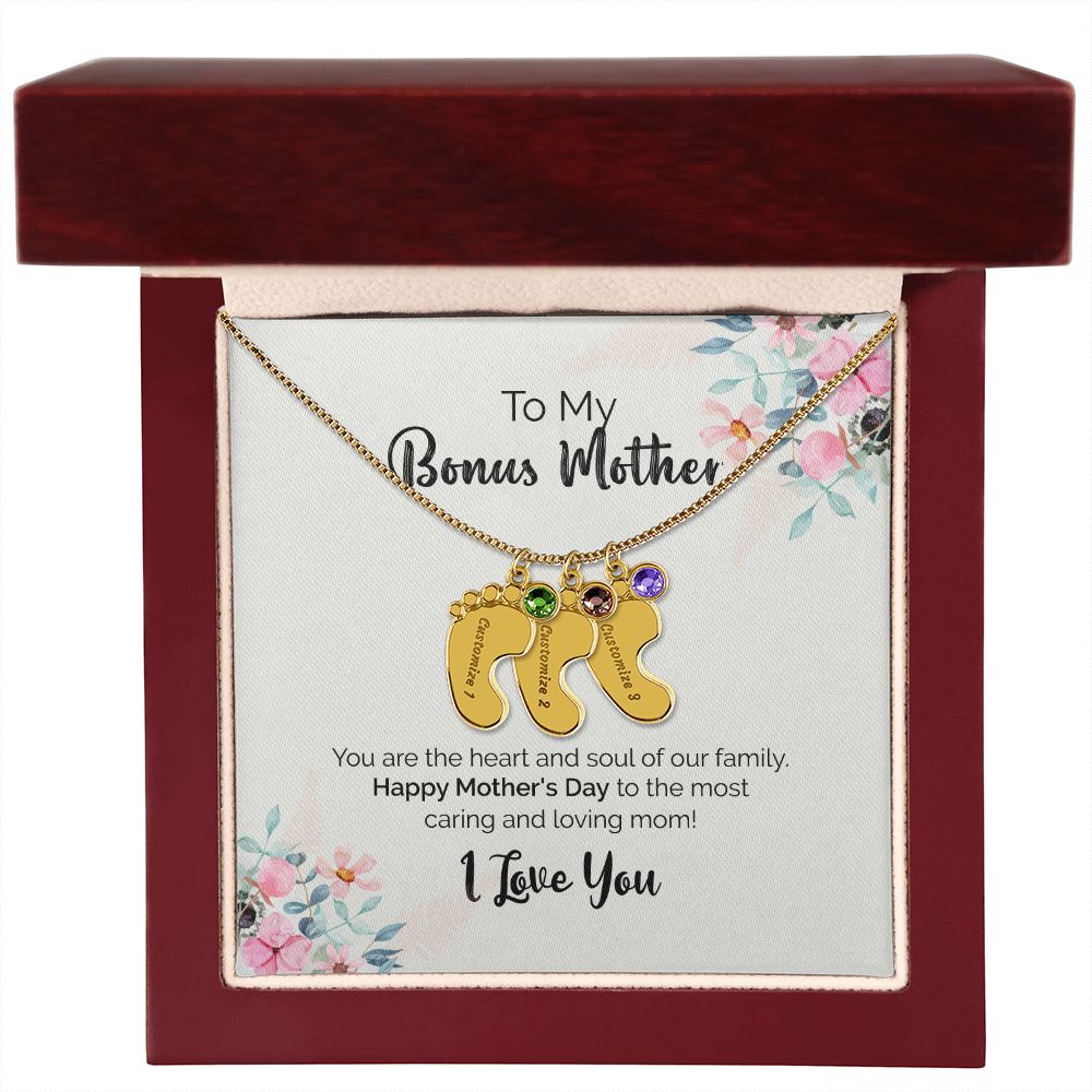 To My Bonus Mother | I Love You | Custom Baby Feet Necklace with Birthstone