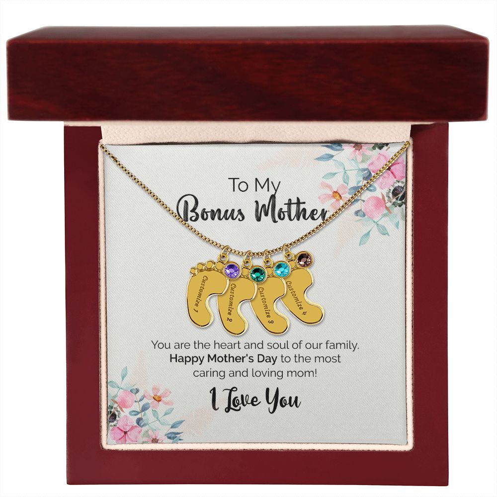 To My Bonus Mother | I Love You | Custom Baby Feet Necklace with Birthstone