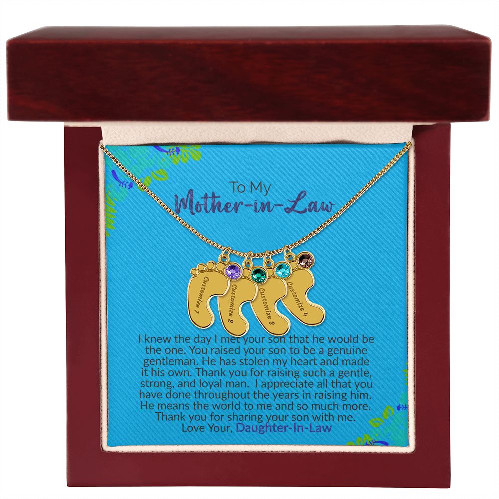 To My Mother-In-Law | Love Your Daughter-In-Law | Custom Baby Feet Necklace with Birthstone