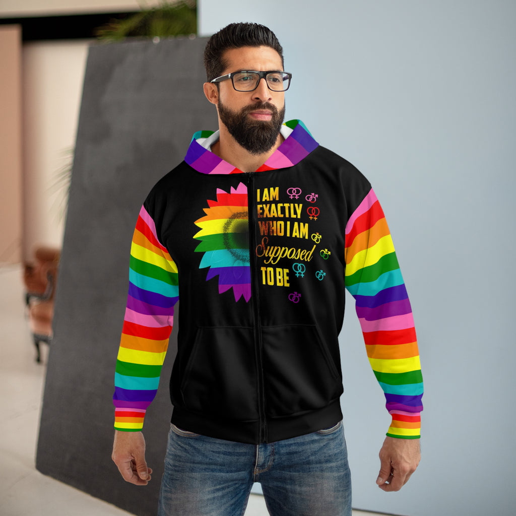 Pride Rainbow Zip Hoodie - 'I Am Exactly Who I Am Supposed to Be'