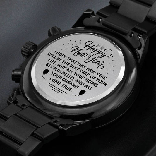 Happy New Year | Engraved Design Black Chronograph Watch