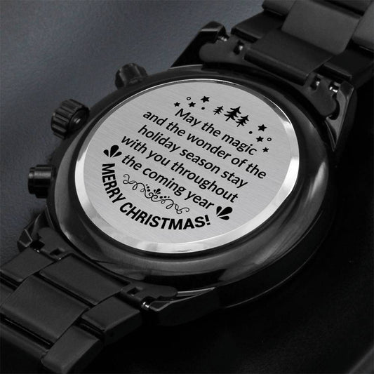 Merry Christmas | Engraved Design Black Chronograph Watch