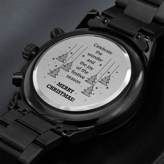 Merry Christmas | Celebrate The Wonder | Engraved Design Black Chronograph Watch