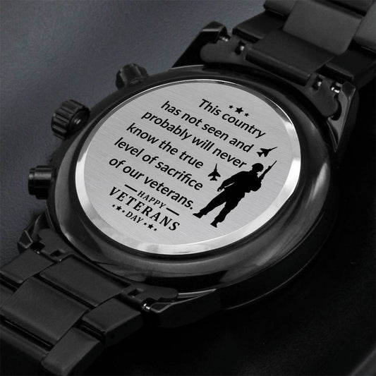 Happy Veterans Day | Engraved Design Black Chronograph Watch