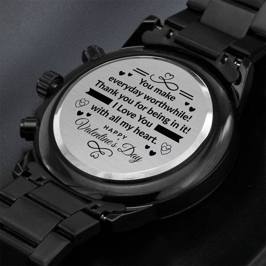 Happy Valentine's Day | I Love You With All My Heart | Engraved Design Black Chronograph Watch