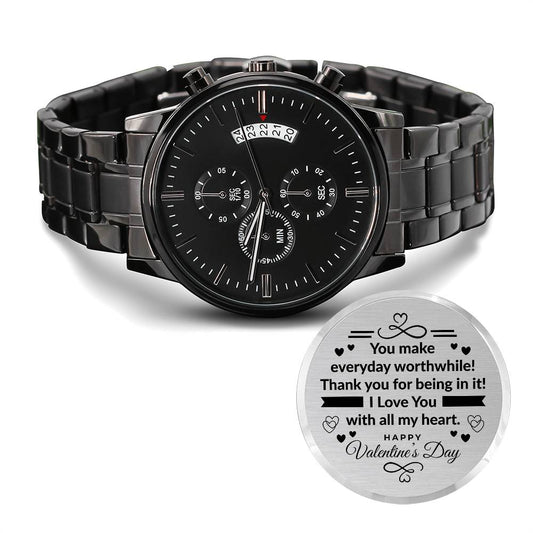 Happy Valentine's Day | I Love You With All My Heart | Engraved Design Black Chronograph Watch