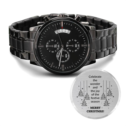 Merry Christmas | Celebrate The Wonder | Engraved Design Black Chronograph Watch