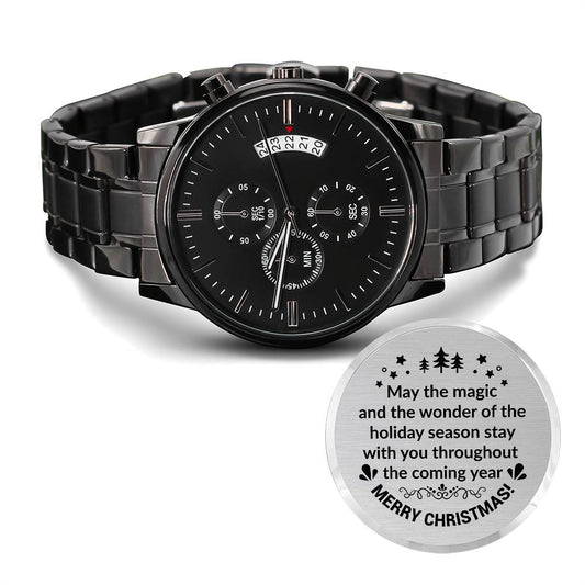 Merry Christmas | Engraved Design Black Chronograph Watch