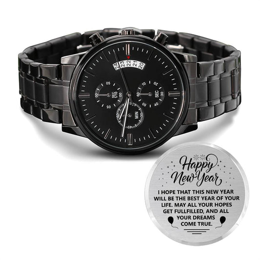 Happy New Year | Engraved Design Black Chronograph Watch