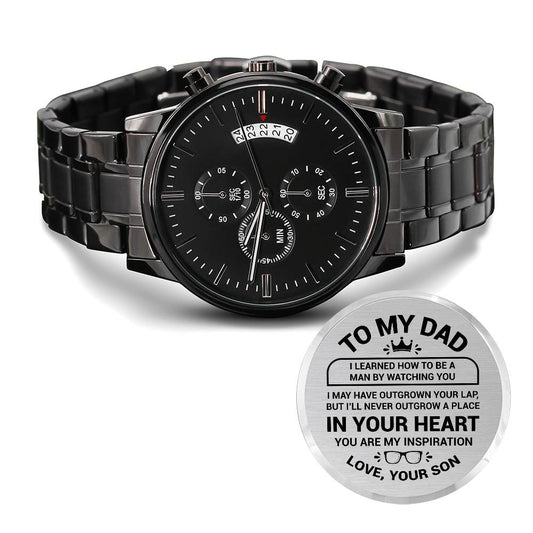 To My Dad | Love Your Son | Engraved Design Black Chronograph Watch