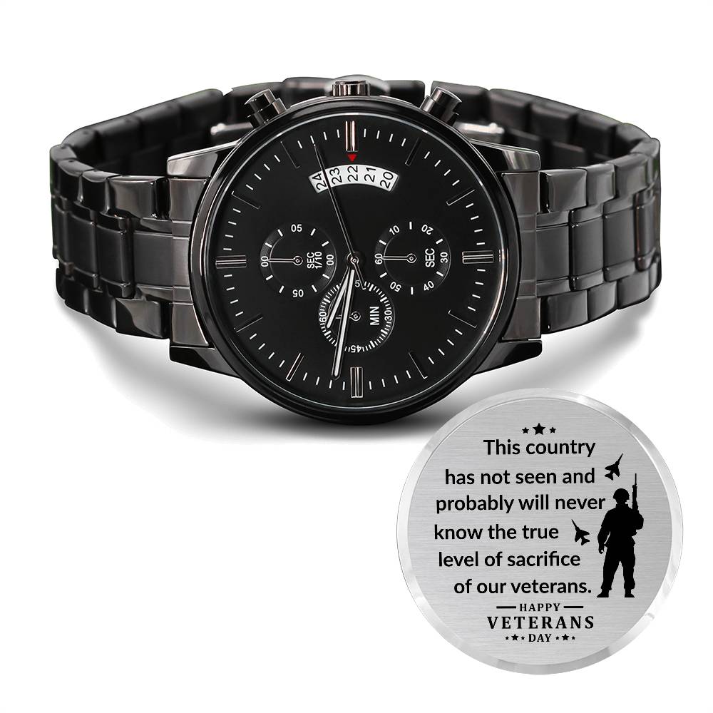 Happy Veterans Day | Engraved Design Black Chronograph Watch